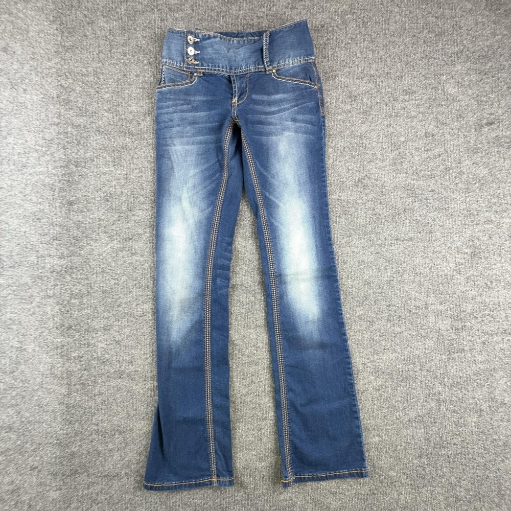 Ariya Jeans Juniors 3/4 Medium Wash Low Rise Bootcut Embroidered Stretch Denim